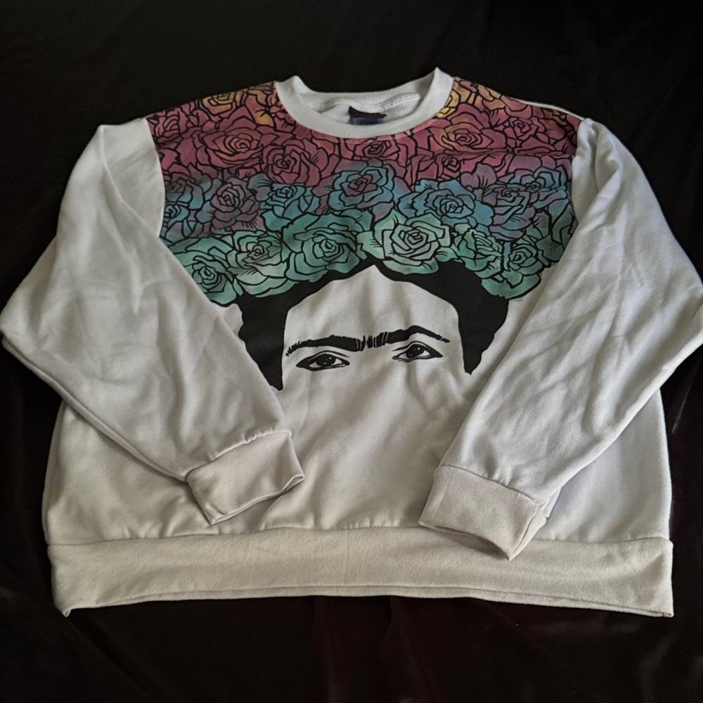 Women's White Graphic Sweater with Multicolor Floral Design